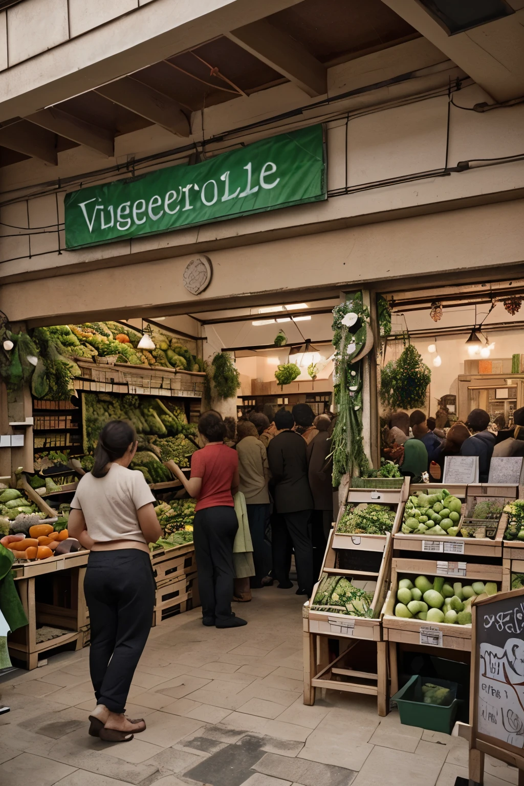 A vegetable shop and the many people buying the vegetables 