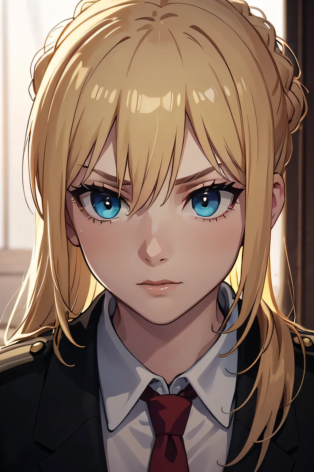 25 year old woman, Russian, government hitman, wearing a white shirt, wearing a black blazer, wearing a red tie, messy bun hairstyle, blonde hair color, blue eye color, thin lips, sharp eyes, fierce, bitchy, facing forward, looking forward, half body, hd