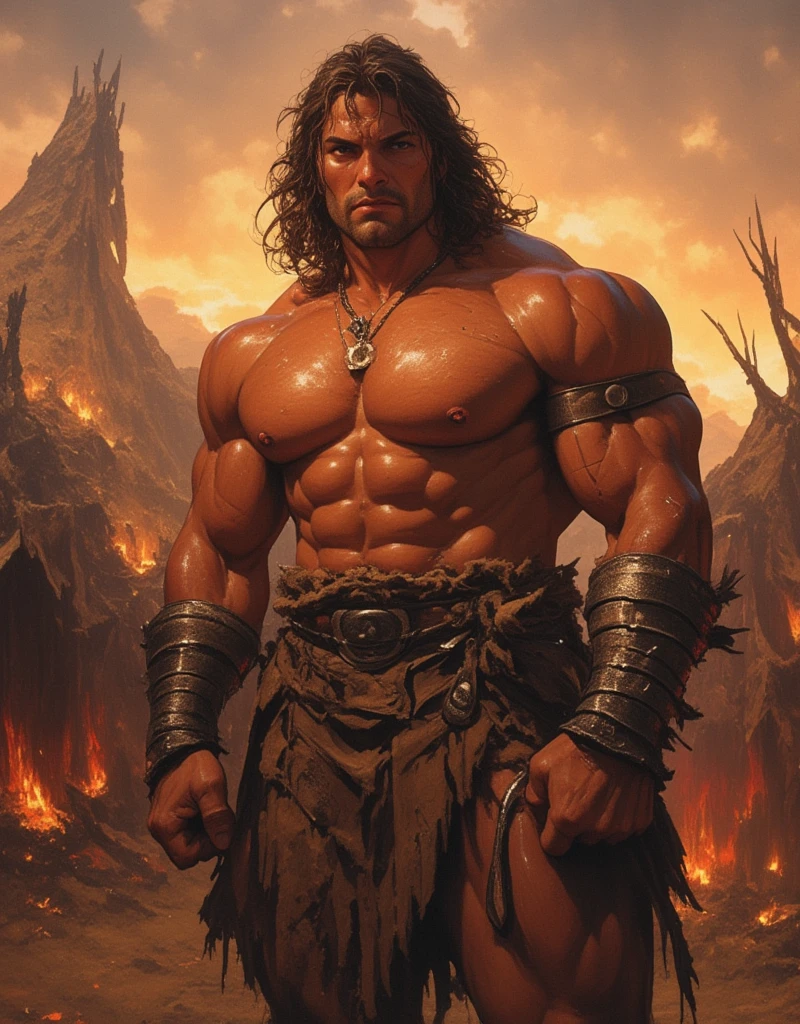 An illustrated movie poster, hand-drawn, full color, a fantasy barbarian, 21 years old, male, brown eyes, voluminous curly hair, scruffy beard, suntan complexion, herculean physique, broad shoulders, stocky frame, muscular, rugged, lots of body hair, hairy torso and hairy limbs, resembles John C. Reilly, wearing a leather pteruges, walking through a scorched battlefield, hard shadows, graphite shading, stencil marks, airbrushed acrylic paint, masterpiece, in the style of the Lord of the Rings