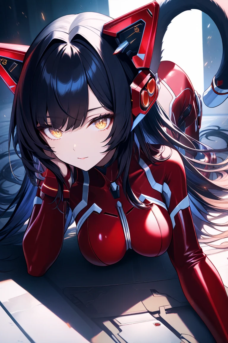 A woman with black hair and green eyes, a red mouth
