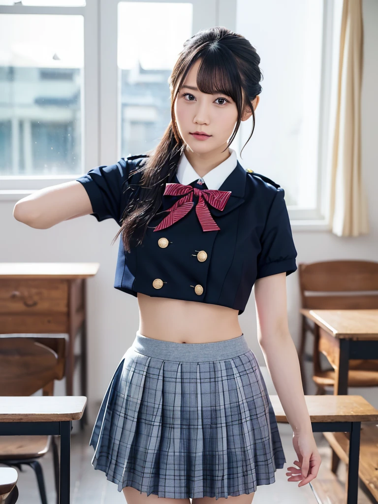 ((highest quality, 8K, masterpiece: 1.3)), 1 girl, Cute Japanese woman highlighting her slender abs: 1.3, (random hairstyle, Standard chest: 1.2), uniform: 1.2, pussy line, Cute Japanese girl who emphasizes her slender abs No.: 1.4, (random hairstyle, Standard chest: 1.2), uniform: 1.2, classroom, super detailed face, fine eyes, double eyelid