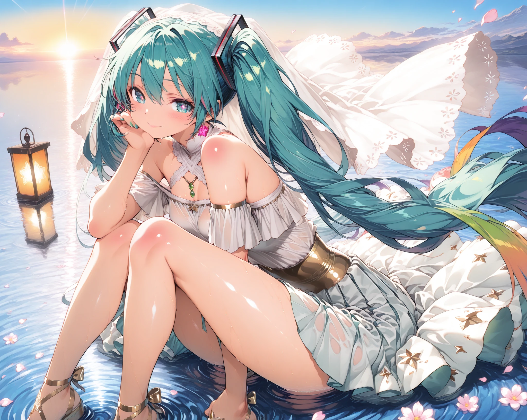 hatsune Miku、(ultra Realistic), (An illustration), (Highres), (8K), (highlydetailed), (the best illustration), (Beautiful Detailed Eyes), (beste Quality), (Super Detailed), (Master peace), (Wallpapers), (Detailed Face), solo, 1girl, Aristocratic dresses、White hair, Iris heterochromatic eyes, small moles under eye, medium chest, Long legs,Stunning composition,Foot braids,Beautiful and detailed legs