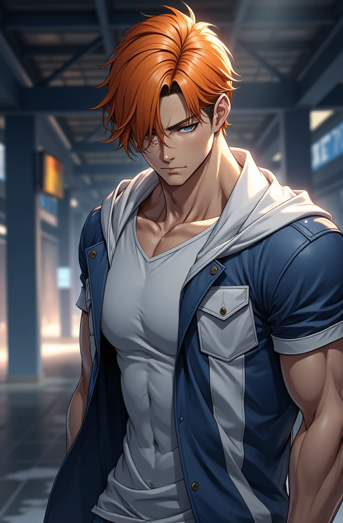 realistic, masterpiece, intricate details, detailed background, depth of field, muscular, Photo of a handsome American magician,american man, 25 years old,Wear a red sleeveless hoodie.,Wear white shorts,Fire spell,Red Hair Color,Undercut Hair Style, white skin, sexy muscular,Standing in a magic classroom