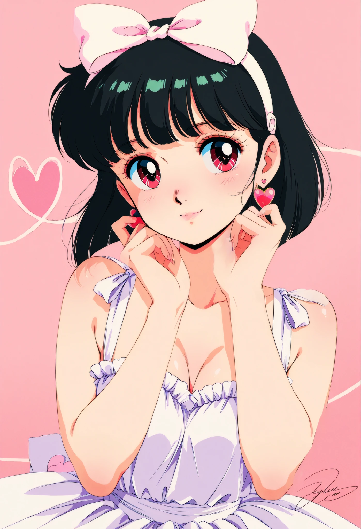 【Japanese】
Beautiful Japanese Girl Facing Front and Smiling、Fluffy Black Haired Bob Short、Cat Eyes、heart earrings、White Ruffle Dress with Big Bow、 1980s anime style、Soft Pastel Background、anime、Delicate line drawing、 retro vibe
