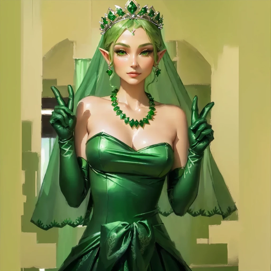 emerald tiara, Green Pearl Necklace, Boyish very short green hair, Green Lips, Smiling Japanese woman, Very short hair, Busty beautiful lady, Green Eyes, Green satin long gloves, Green Eyes, Emerald Earrings, Green veil, Heart with both hands, Green Hair, Beautiful Japanese Women, Heart shaped hands:1.3, green lip gloss