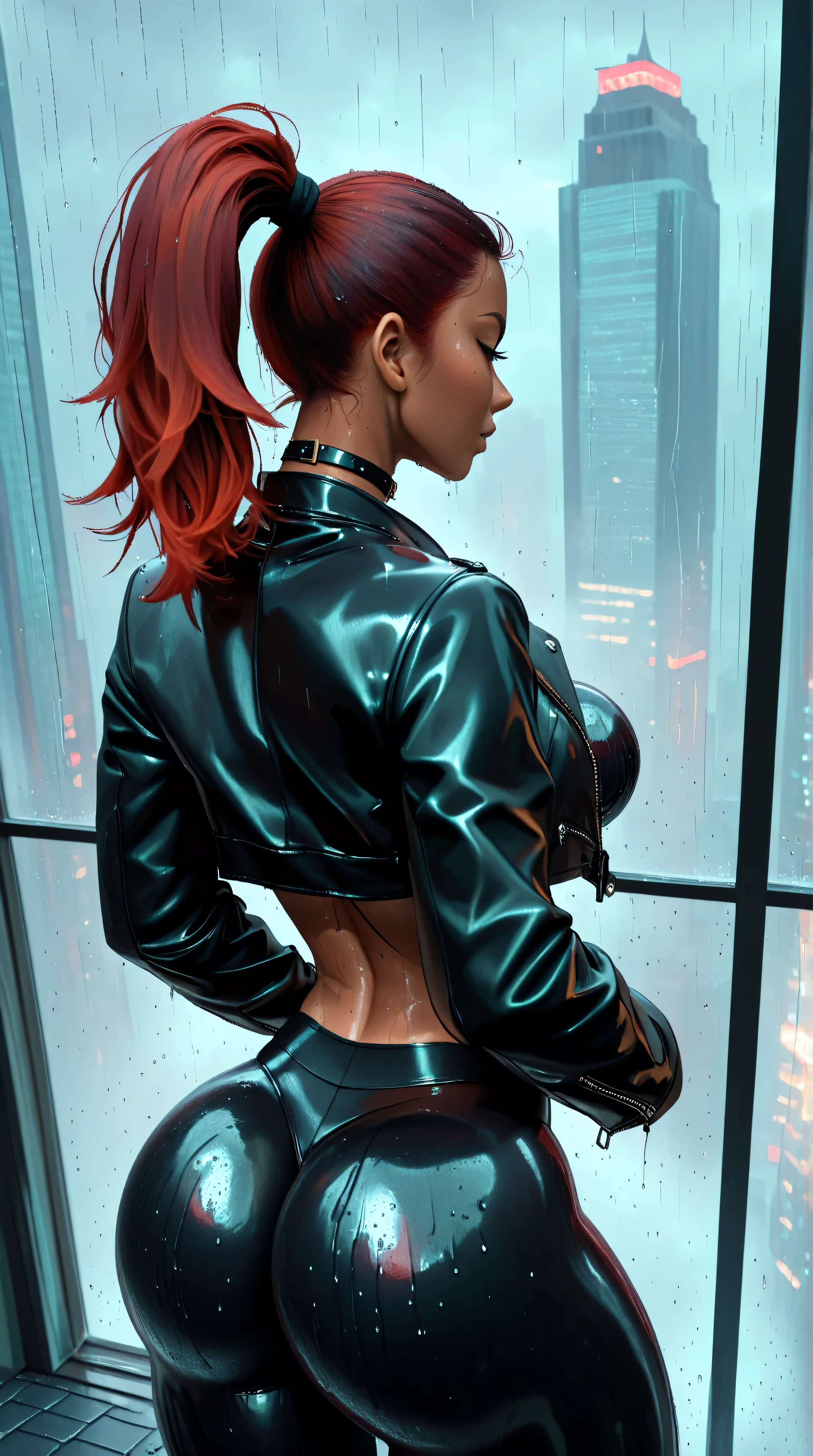 small muskular asian girl, clean round silicone breasts, mat black leather leggings, red hair , ponytail, black collar , create it as an epic wallpaper, standing , background large window in skyscraper and rainy weather outside, mat black leather crop top, tanned skin, leather jacket, back view