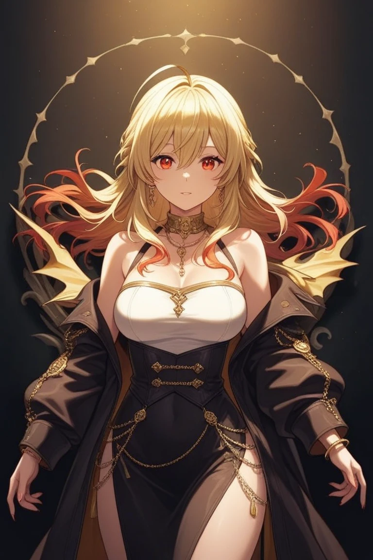 A masterpiece, very detailed, ultra detailed, one, (1 woman), she is in a monochrome sick black dress with gold details, with lightning knives in each hand and in a stand and fighting pose, super mature, tall, milf, mature mother, long hair, straight hair, bright yellow hair and side parting, yellow demonic horns, beautiful, charming, bright blood-red eyes, elegant, big breasts, kind smile, charming, against a background of golden thunderstorms and golden lightning.