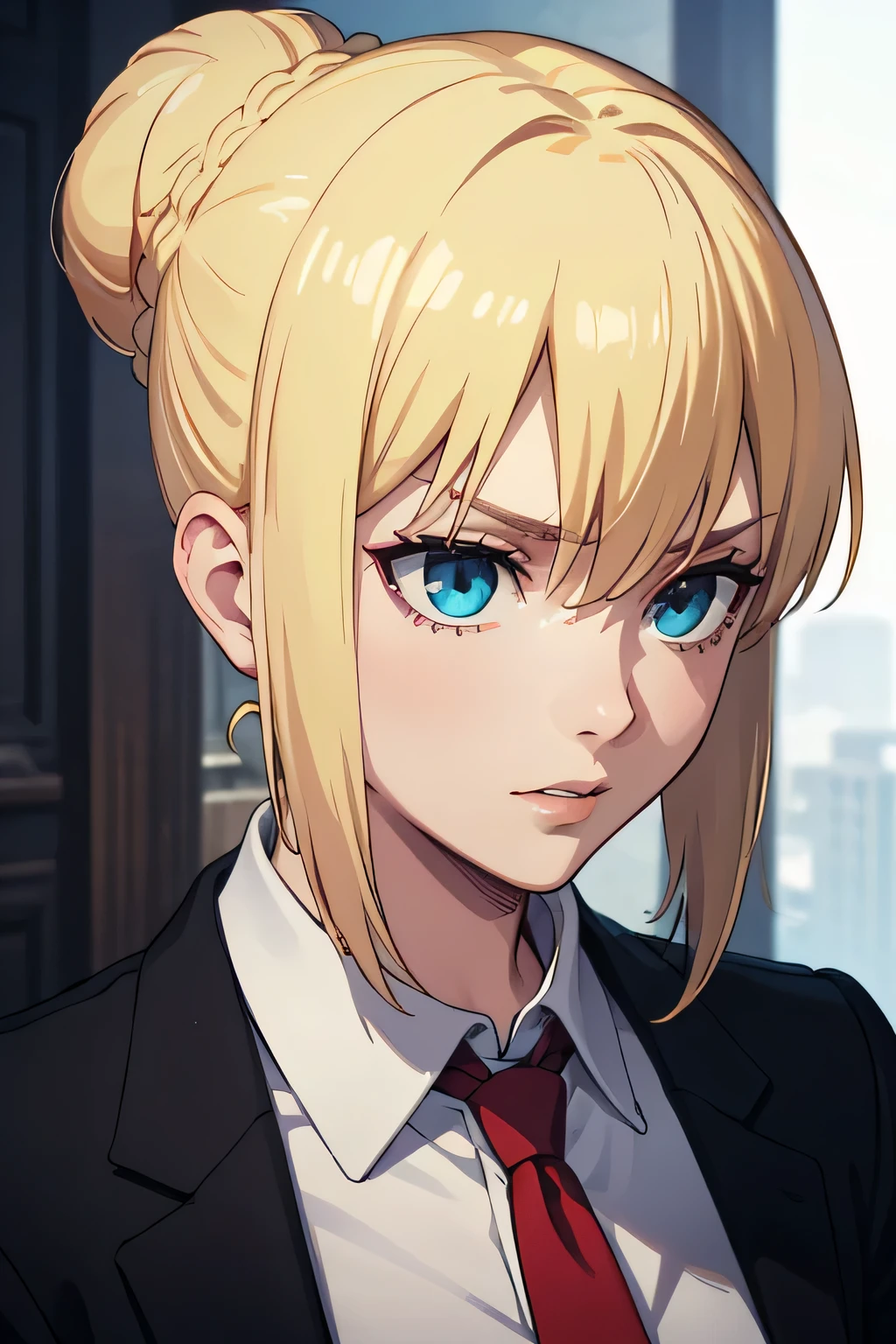 25 year old woman, Russian, government hitman, wearing a white shirt, wearing a black blazer, wearing a red tie, messy bun hairstyle, blonde hair color, blue eye color, thin lips, sharp eyes, fierce, bitchy, facing forward, looking forward, half body, hd