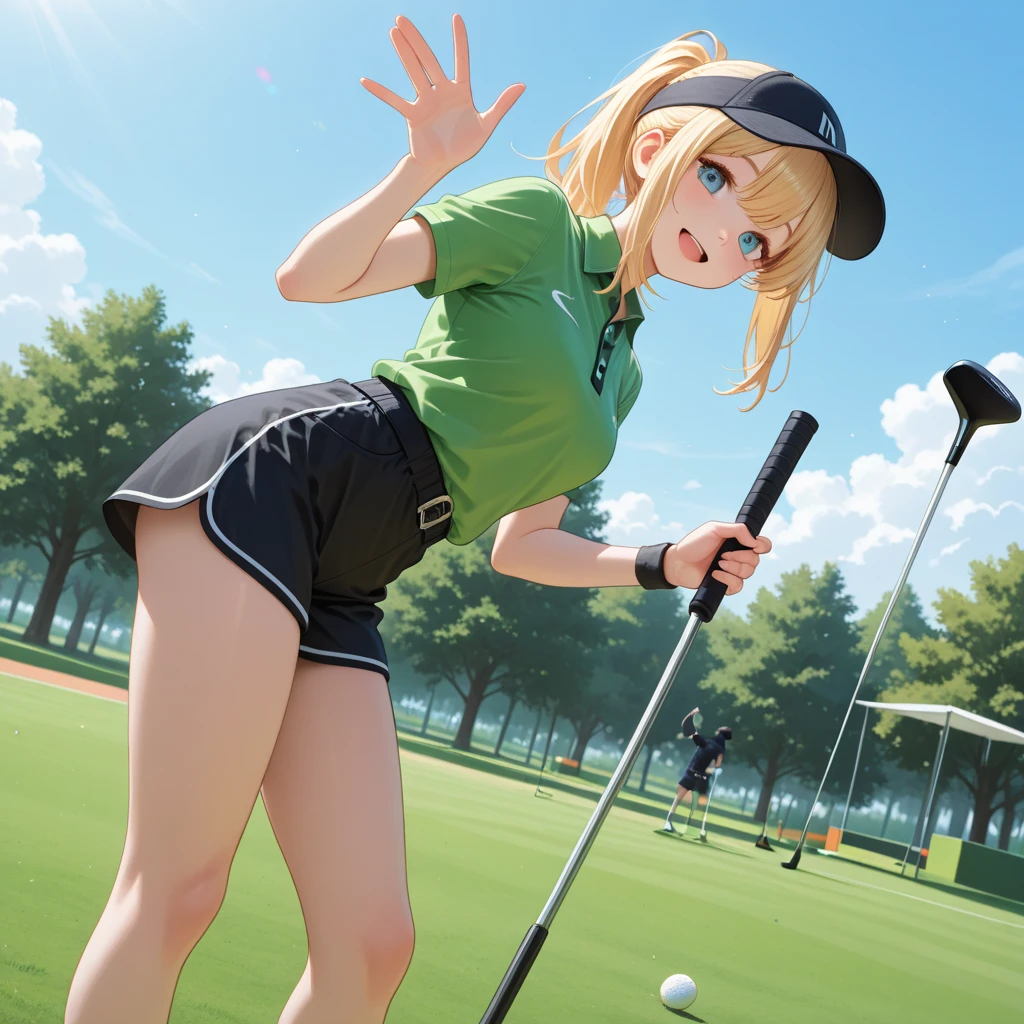 One woman、beautiful girl、high school girl、Polo shirt、mini skirt、Tight Skirt、Sun visor、ponytail、Long Hair、Hit a nice shot、Golf course、Holding a golf club、Golf Posture、slouch、A packed audience、Highest quality,  Thick thighs、Big Ass、Blonde、Golf Shot、Sweaty body、slouch、Professional Golfer、Black panties、Angle from directly below、US Open、A big smile、脚を広げてGolf Postureをする、Angle from directly below、Swinging a golf club、Straddle a golf club、Rubbing a golf club against your groin