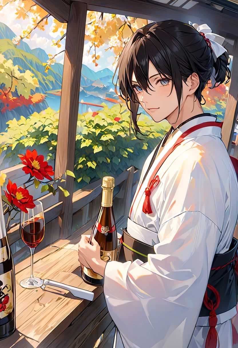 A slim man bathing in a Goemon bath、Under a star-filled sky、Holding a bottle of shochu in one hand、Notes flying around