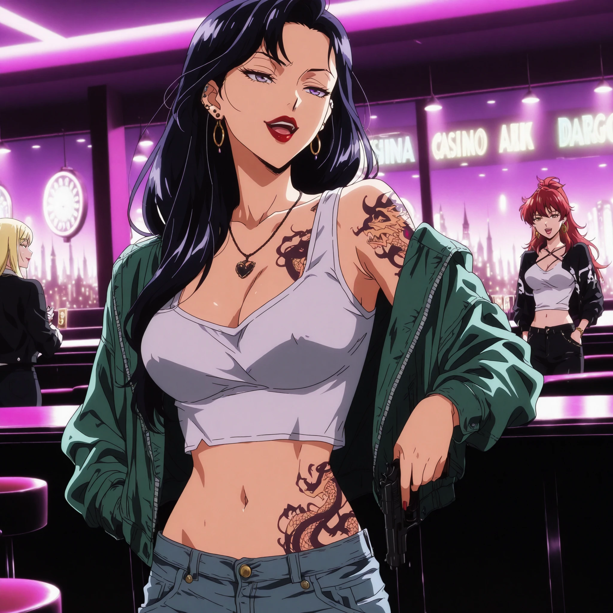 anipai_style, anime screencap, anime coloring, 2girl, two girls, mature female, long hair, [[[tattoo]]], earrings, breast tattoo, waist tattoo, girls, black hair, blonde hair, purple hair, red hair, ear piercing, long hair, , lipstick, Hot girl, baddie, smoking, sensual, attractive ,bar
background, inside bar,indoors, cityscape, casino, nightclub, city lights, masterpiece,high
quality,4k,belly,,holding pistol,cleavage, ,unbuttoned shirt, collared shirt, knot, smile, open
mouth, (nsfw) not safe for work, evil expression,belly, exposed navel, exposed midriff,
exposed lower belly,dragon print jacket, unbuttoned jeans , low rise black jeans, Low rise
jeans with open fly, nipple slip, criss-cross halter,dragon tattoo on waist, narrowed eyes,
tattoo on waist, medium large breast, anipai_style, anime screencap, anime coloring
