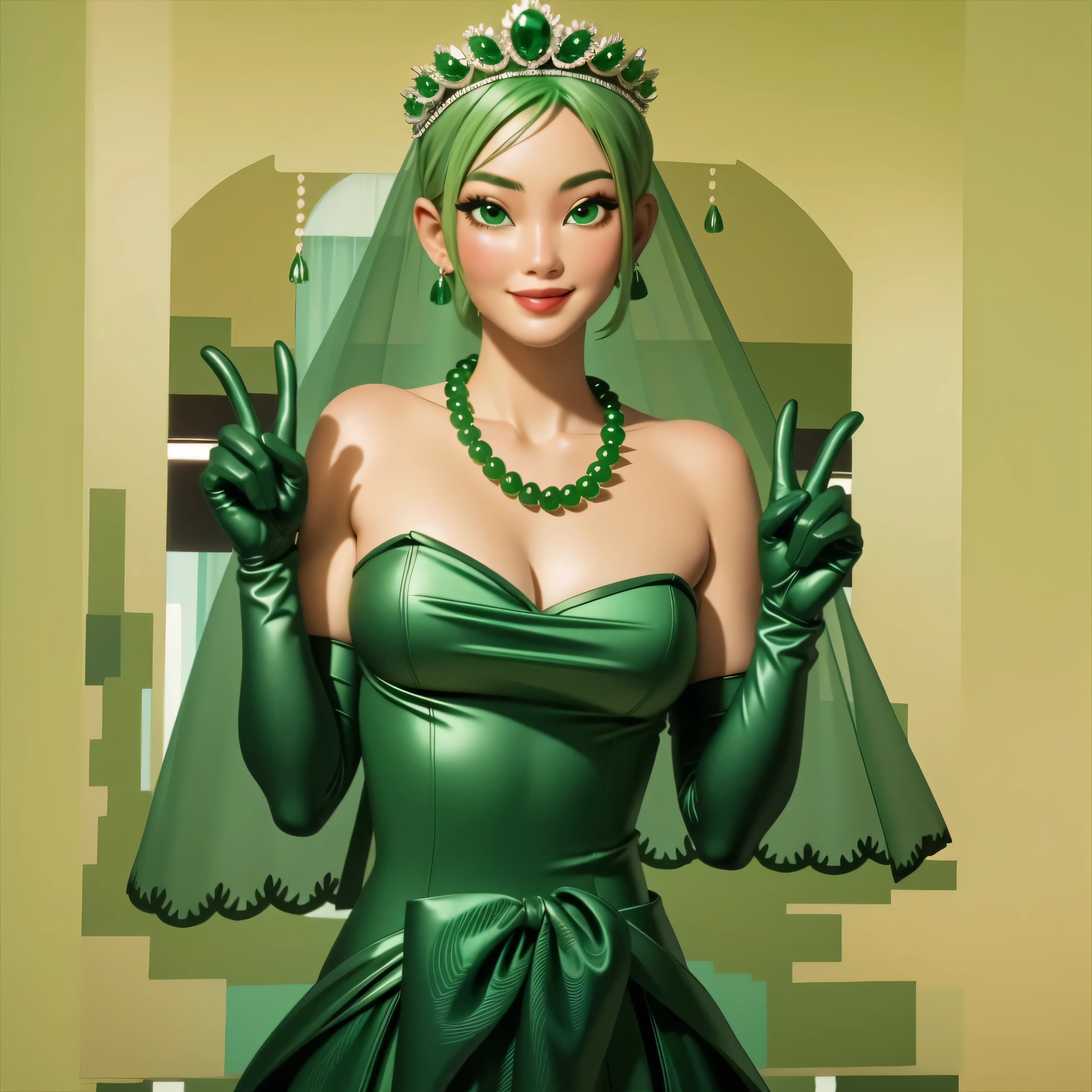 emerald tiara, Green Pearl Necklace, Boyish very short green hair, Green Lips, Smiling Japanese woman, Very short hair, Busty beautiful lady, Green Eyes, Green satin long gloves, Green Eyes, Emerald Earrings, Green veil, all of, Green Hair, Beautiful Japanese Women, green lip gloss