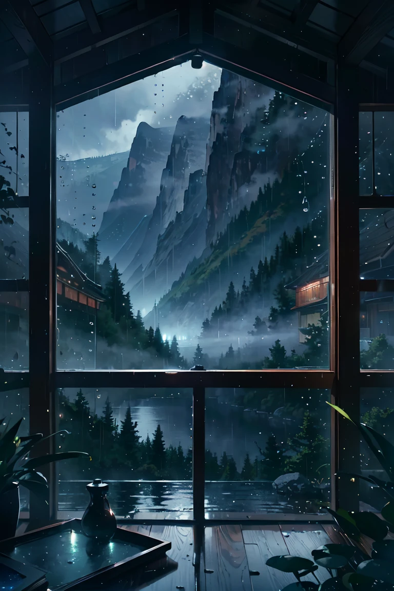 (best quality ,4k ,,high resolution,ultra detailed,masterpiece:1.3), window with raindrops, night scene, soft warm indoor lighting, window view, lake outside the window, starry sky, mountains in distance, dark forest, falling rain, peaceful atmosphere, moody lighting, cinematic, cozy aesthetic