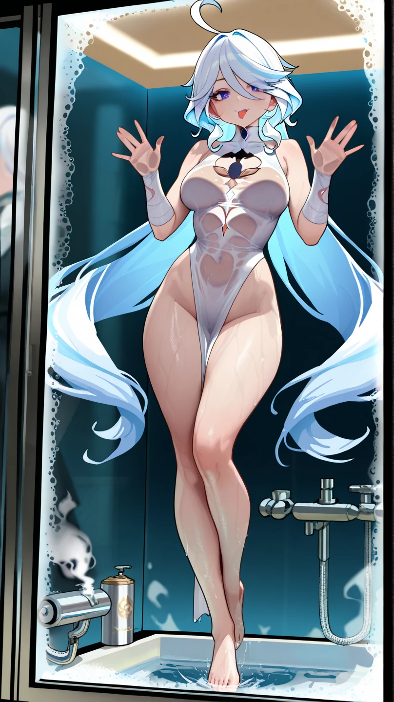 8K,high quality,animated,married,beautiful,bright,eye highlights,purple eyes,sexy,super big tits,oversized boobs,dark blue nipples,erotic,beautiful line drawing. Blue skin, blue and orange gradient fins, nude, nothing on, nothing on, nothing on, nude, naked, completely naked, arms raised, depicted head to waist, legs spread, Niou standing posture, Akira Toriyama female character, blue skin, white hair, anime style illustration, Pink nipples,
