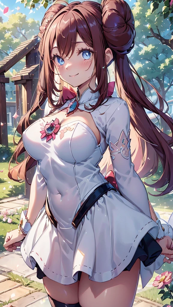 (shoujo-style), floral background, romance manhwa, 1girl, nicenature, solo, horse ears, horse girl, flower, wedding dress, tiara, white dress, gloves, long sleeves, thick eyeblows, (vail), white gloves, purple bow, purple flower, standing, necklace, bow, jewelry, happy, looking at viewer, white background, closed mouth, collarbone, smile, puffy sleeves, upper body, parted bangs, brown hair, frills, bangs, cowboy shot, gigantic sagging breasts, cleavage