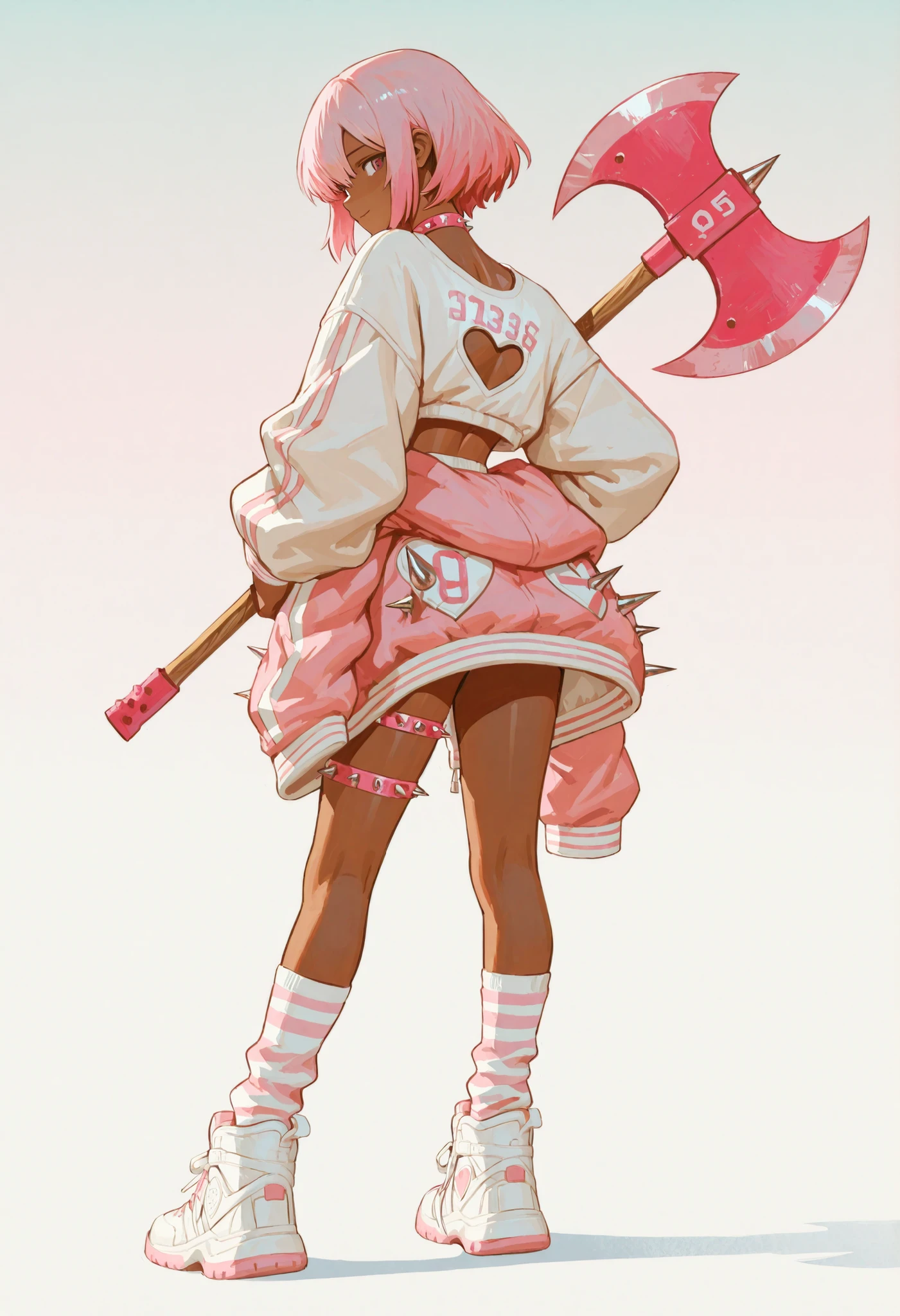 confident anime girl with bulky pink hair and brown skin, in a relaxed pose with one hand around the waist. She wears a cute outfit of pink and white streetwear with a heart-shaped cutout top, oversized jacket Around the waist with the number 105 and drawings of cherries, striped thigh-high socks and sturdy sneakers. She wears a choker with spikes and bands with spikes on her legs, in addition to carrying a demonic-style pink axe on her back. Calm and playful expression. soft gradient background in minimalist pastel or light beige tones. Stylized anime art style, clean dash, cores vibrantes, semi-cell shading and soft lighting.