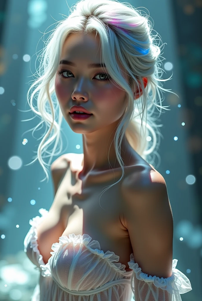 ((masterpiece, best quality)), realistic, solo, 1girl::1.4, white hair, ((tall and skinny::1.2)), ((madisonbeer-smf:1.2)), ((((Madison Beer face:1.2)))), highres, highest quallity, (((upper body portrait::1.5))), ((looking at viewer::1.6)), (((dark white hair colour))), night time, darkness, cinematic light, ultra detailed, detailed face, (detailed realistic eyes::1.6), best quality, hyper detailed, masterpiece, (((glossy blush CHEEKS))), (((full lips))), ((parted lips::1.4)), ((long white straight hair)), (detailed face), large breasts, earrings, (((slim waist))), ((topless)), ((small nipple)), ((fully naked::1.2)),((matte skin)), highest details, (pretty large eyes:1.2), ((tanned skin:1.6)), ((top of a skyscraper at night::1.6)), ((snowing in the background::1.6)), ((dark night time::1.3))