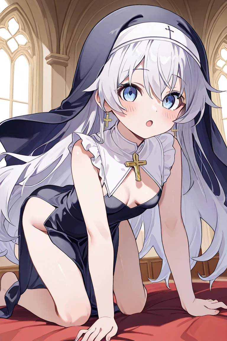 NSFW,masterpiece,Highest quality,High resolution,Very detailed,white\(no game No life\),Long Hair,Multicolored Hair,Hair between the eyes,Gradient Hair,Yellow Eyes,Flat Chest,blush,(Nuns),(Monastic uniform),(Sister),church,Confession Room
