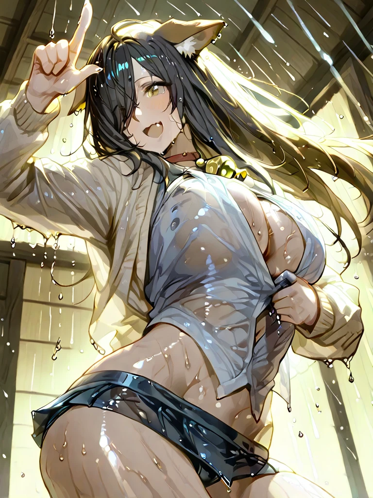 (high quality),(details),(nsfw),
(single girl),(super cute face),(arms up),
(black long wet hair),
(thin shirt),(mini skirt),(dancing),
((soaking),(sweaty),
((blushing)),((shy)),(big boobs),(giggling)