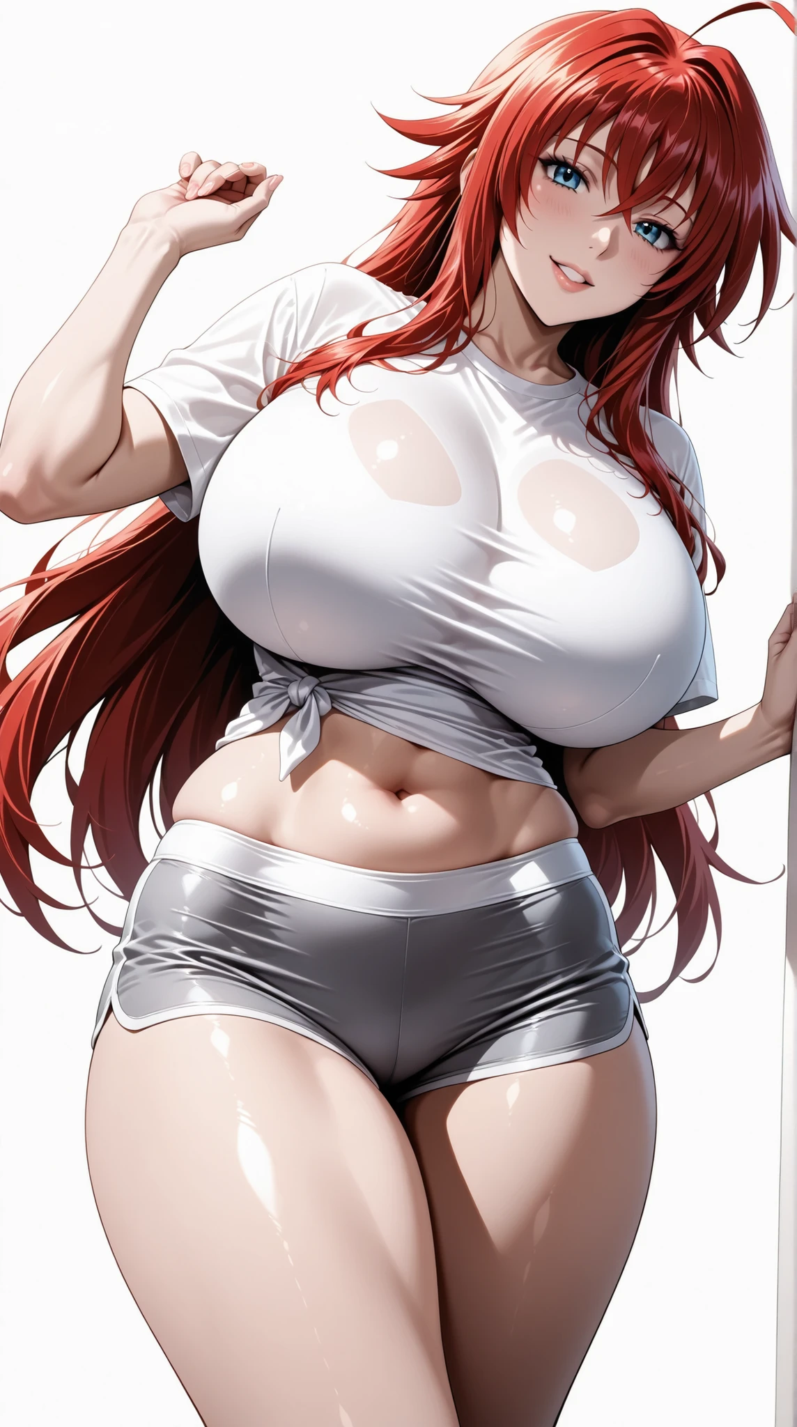 masterpiece, extremely detailed, intricate details, more details, many details, perfect skin texture, professional lighting, HDR, bold colors, highest quality, perfect eyes, high saturation, absolutely resolution, high contrast, sharpness, soft outline, dynamic lighting, very detailed, detailed eyes, detailed body, detailed hair, detailed background, detailed hands, detailed clothes, vibrant colors, 8k, 8k resolution, solo, 1girl, adult,((fullbody)), stand up, rias_gremory, sexy legs, perfect body, nice body, toned body, pretty face, shiny, shiny skin, backlighting, large breasts, white t-shirt, grey shorts, soft light, high detailed, ultra detailed, best quality, midriff, stomach, navel, navel line, belly, bare belly, hot girl, hot woman, big breasts, sexy girl, sexy woman, korean face, beautiful face, thick thighs, detailed face, detailed lips, detailed nose, eyebrows, eyelashes, tight clothes, tight shorts, tight t-shirt, tight skin, huge breasts, gigantic breasts, attractive woman, attractive girl, attractive body, sexy body, thigh thighs, upper body, t-shirt, fit body, small waist, beautiful girl, beautiful woman, hot pose, perfect hands, nice hands, pretty girl, pretty woman, pretty hair, wide hips, expressive, looking at viewers, front look, sexy pose, photography, white plain background, white background, mature, mature face, hunter eyes, slim body, oversize white t-shirt, oversize t-shirt, cleavage, girlish face, red hair, ahoge, long hair, hair between eyes, blue eyes, underbust, small shorts, attractive proportions, perfect female proportions, incredible definition, eyebrows hidden by hair, cowboy shot,((white plain background))