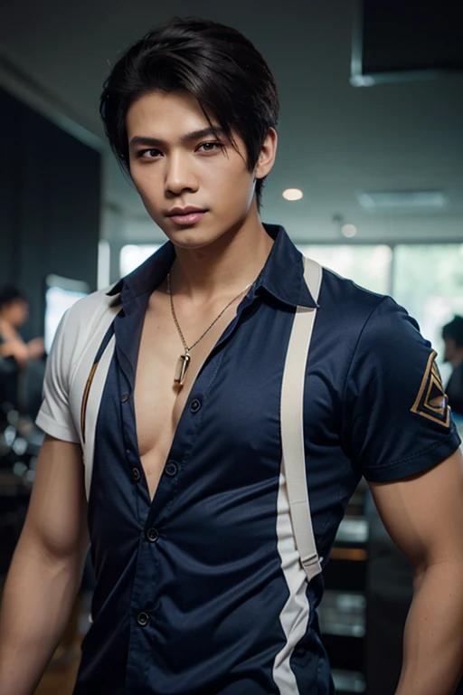 Handsome korean man. 24 years old, prisoner, look at the camera, (Orange prison uniform)portrait,dramatic shadow,Ray tracing, Best quality, Cinematic lighting, Extremely detailed CG, 8K wallpaper,Complicated.showing his chest and abs muscle. In the jail