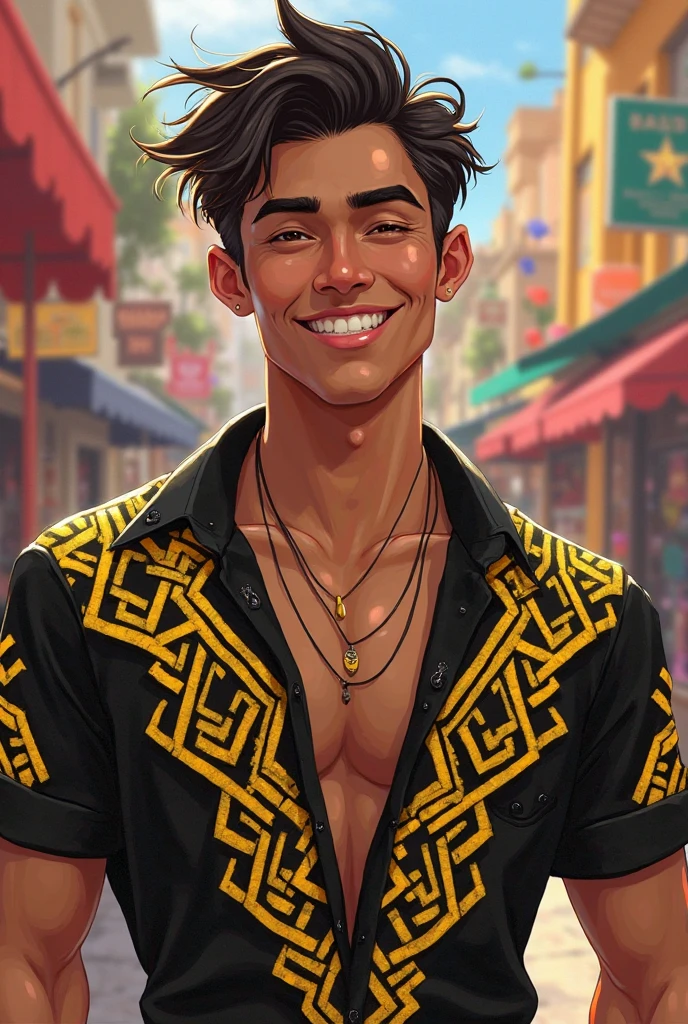atuendo arabe color negro con dorado ultra realista, 16-year-old boy with brown cinnamon skin, cuerpo atletico tonificado cabello liso,masculino serio pensativo observador tiene el dorso desnudo y viste un atuendo negro con dorado tipico del antiguo egipto, caminando, sonriendo  por las calles de una moderna ciudad un amigo cernaco se acerca por atras y lo abraza