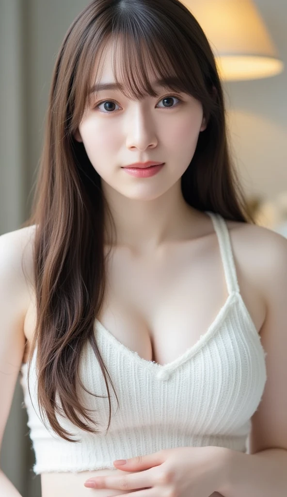 (8k), (highest quality: 1.2), (Realistic), (Realistic: 1.37), Ultra-high resolution,RAW Photos、 1 girl, Head to knee photo、cute, smile, Mouth closed, Beautiful details, Beautiful Nose, whole body, Wet Hair, Giant Dulcefo, pork, , (Small breasts)、Flat Chest、Breast like a 、A tight white blouse and pastel-colored cardigan that clings to her breasts、Nipples are visible through the、Voluptuous thighs、dolly make、Odd Eye、Heterochromia iridis