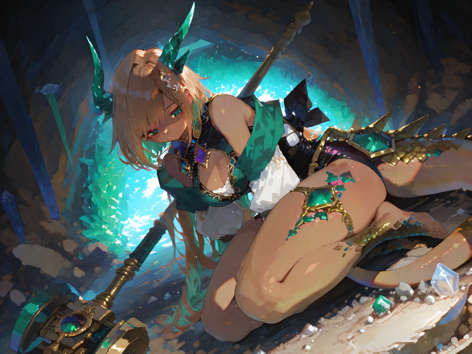 (masterpiece, Highest quality:1.2), Cowboy Shot, alone, one person, Riesz, View your viewers,, Long hair tied low, Winged Helmet,green dress, armor, shoulder armor, Bridal Gauntlet, Cleavage,(In a prison with iron bars:1.4),(The whole body is restrained with chains:1.8),(A girl gropes my breasts from behind:1.4),(2girls:1.4)