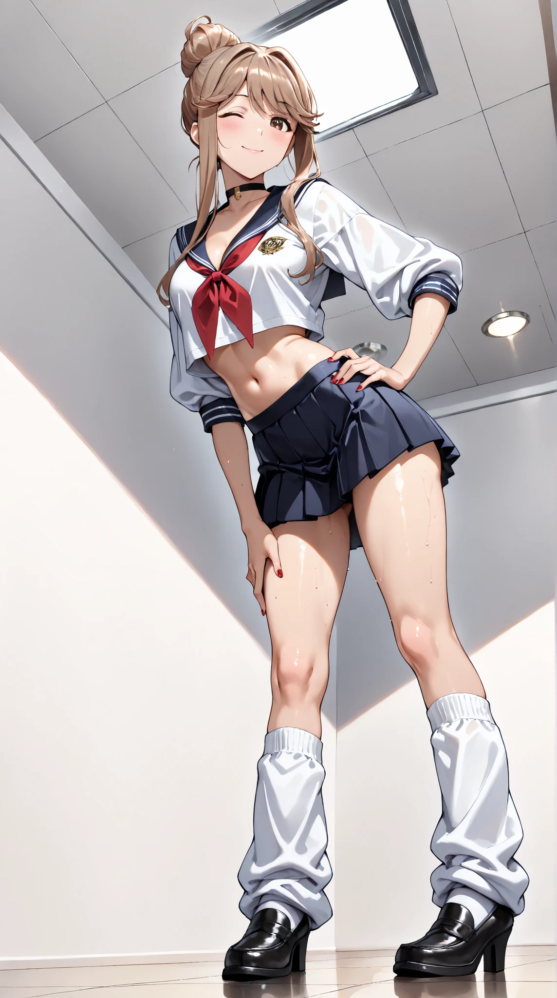 (best quality, 8k, highres, photorealistic:2.0), (solo, one girl:2.0),(lighting: strong),(lighting: front),(The woman opens her mouth wide and screams loudly:1.5),(very muscular girl:2.0),(bodybuilder girl:2.0),(oily skin:2.0),((platinum blonde short hair:1.5),(Squat down on one knee and spread your legs apart.:1.5),(raise both arms behind your head:1.5),(wearing black loafers:1.5),short sleeve school uniform, short white shirt, blue sailor collar, red neckerchief, white socks, blue skirt, blue pleated mini skirt, (Wearing light pink panties),
