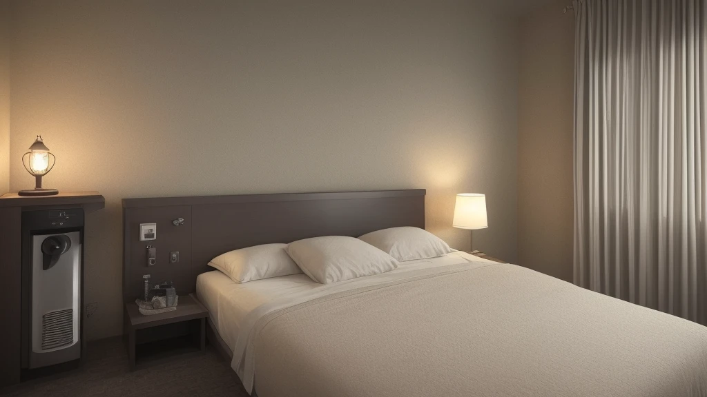 3 Beds in a Realistic Hotel, not too luxurious, drap bien fait, Low Light, il fait quasiment nuit