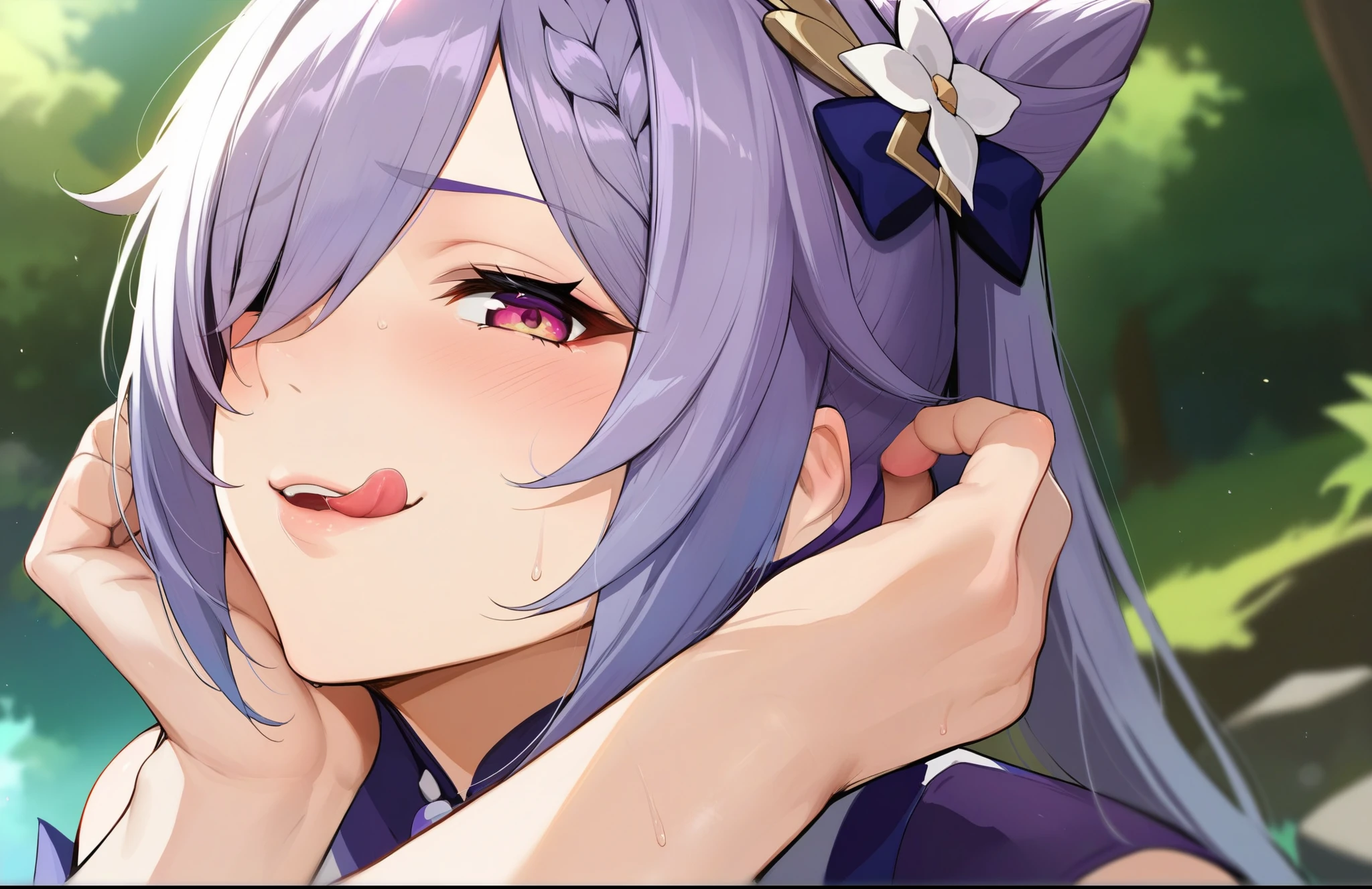 score_9, score_8_up, score_7_up, score_6_up, source_anime, BREAK by ikuchan kaoru, iku, clean color, flat color,1girl, genshin impact, keqing genshin impact, outdoors, in Forest,  face focus, face closeup, face, face only, smug, shy, embarrassed, licking lips, ((seductive)), alluring, seduce, hair over one eye