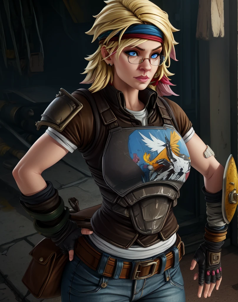 Tina,blue eyes,blonde hair,
belt,goggles on head,fingerless gloves,bandaid on face,hair ribbon,armor,cleavage,
upper body,smile,leaning forward,
western bar,wastelands,
(insanely detailed, beautiful detailed face, masterpiece, best quality),solo,<lora:Tina-10BL3v2:0.8>,