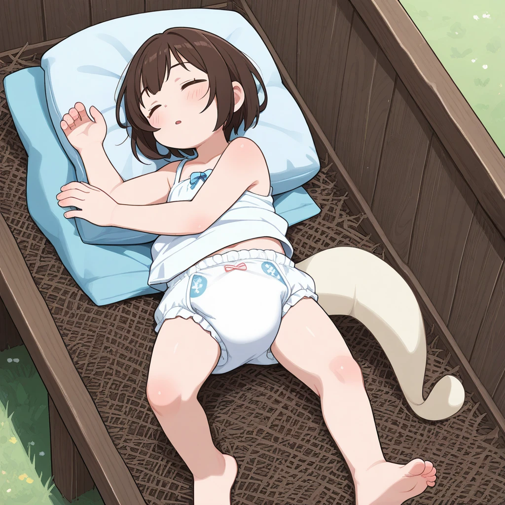 Bottomless petite loli Sayu sleeps peacefully face down on a bed as her head rests comfortably on a pillow, with her eyes closed, mouth open, and naked butt in the air