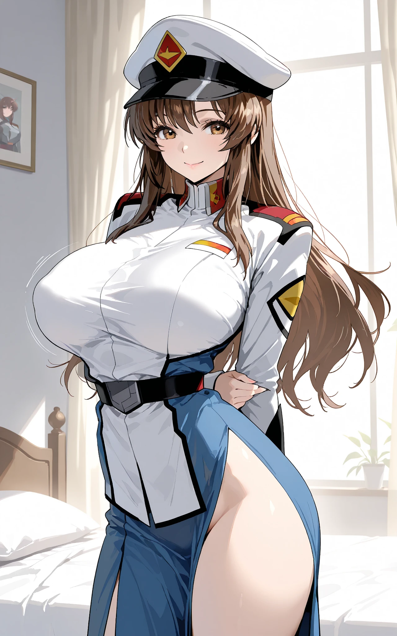masterpiece, highest quality, Very detailed, 超High resolution, Realistic, 4K, 8k, highest quality, masterpiece, Best image quality, Very detailed, 超High resolution, Realistic描写, anime, comics, masterpiece, highest quality, High resolution, (((1 girl)))、(Huge Saggy Tits 1:2),((Brown Hair))、((Long Hair))、((White Uniform))、((Murrue Ramius))、((Gundam Seed))