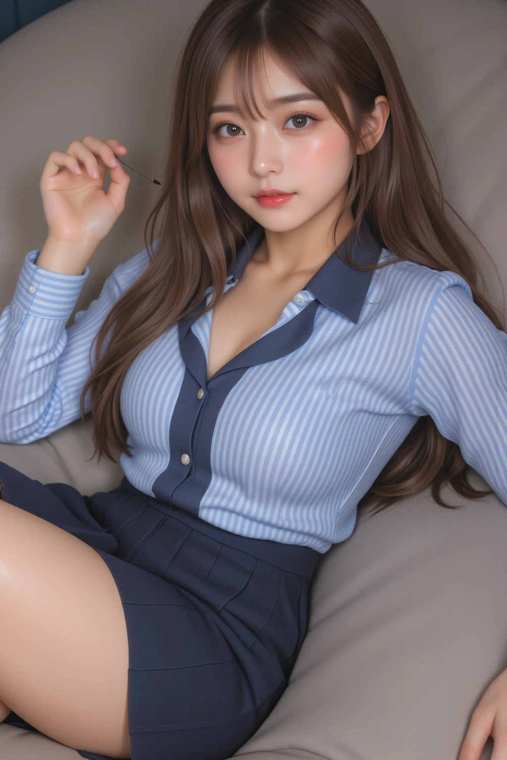 8k RAW photo, High resolution, Very large breasts, Very firm breasts, breast enhancement, intimidating pose, Sulky look, Pretty light blonde hair, , ribbon, shirt, skirt, School classroom, Sitting at a desk, Beautiful thighs, Beautiful 16 year old girl, Round face, Baby Face, very small lips, Beautiful eyes in every detail, Long eyelashes, Beautiful double eyelids, Three white eyes, Duck mouth, Blunt bangs, , Earrings, necklace,