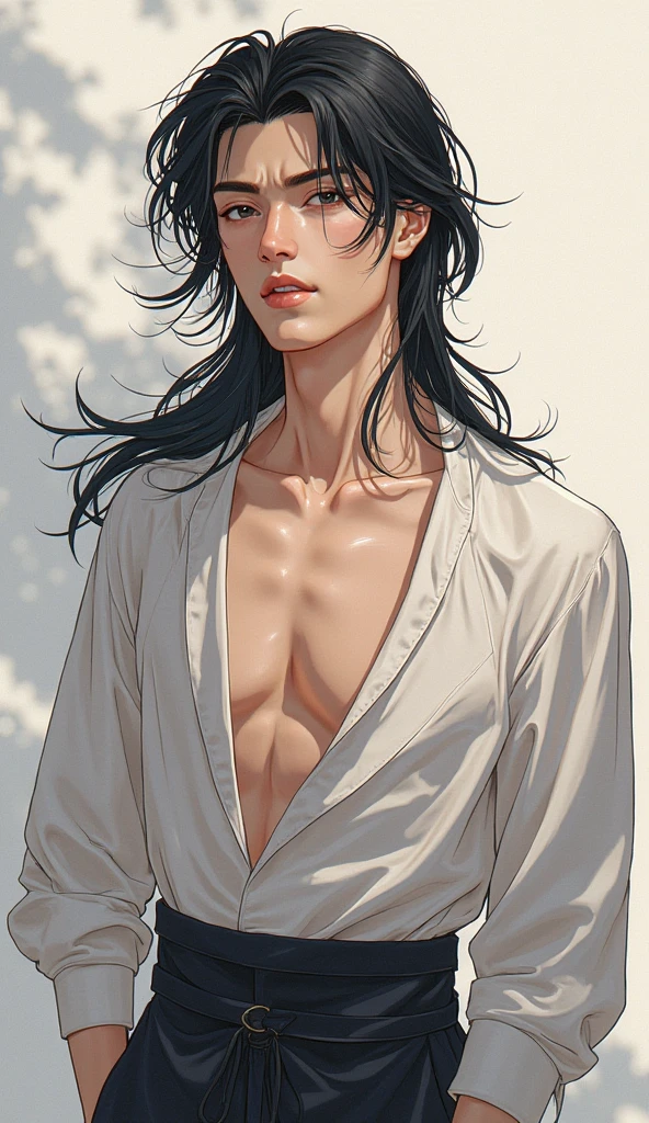 black hair, white shirt, heise jinyao, handsome man, keqing from genshin impact, handsome guy in demon slayer art, zhongli from genshin impact, delicate androgynous prince, inspired by Bian Shoumin, taisho roman, beautiful androgynous prince, tan skin, exposed collarbone, bare chest, Realistic, hyper realistic, yellowish golden eyes