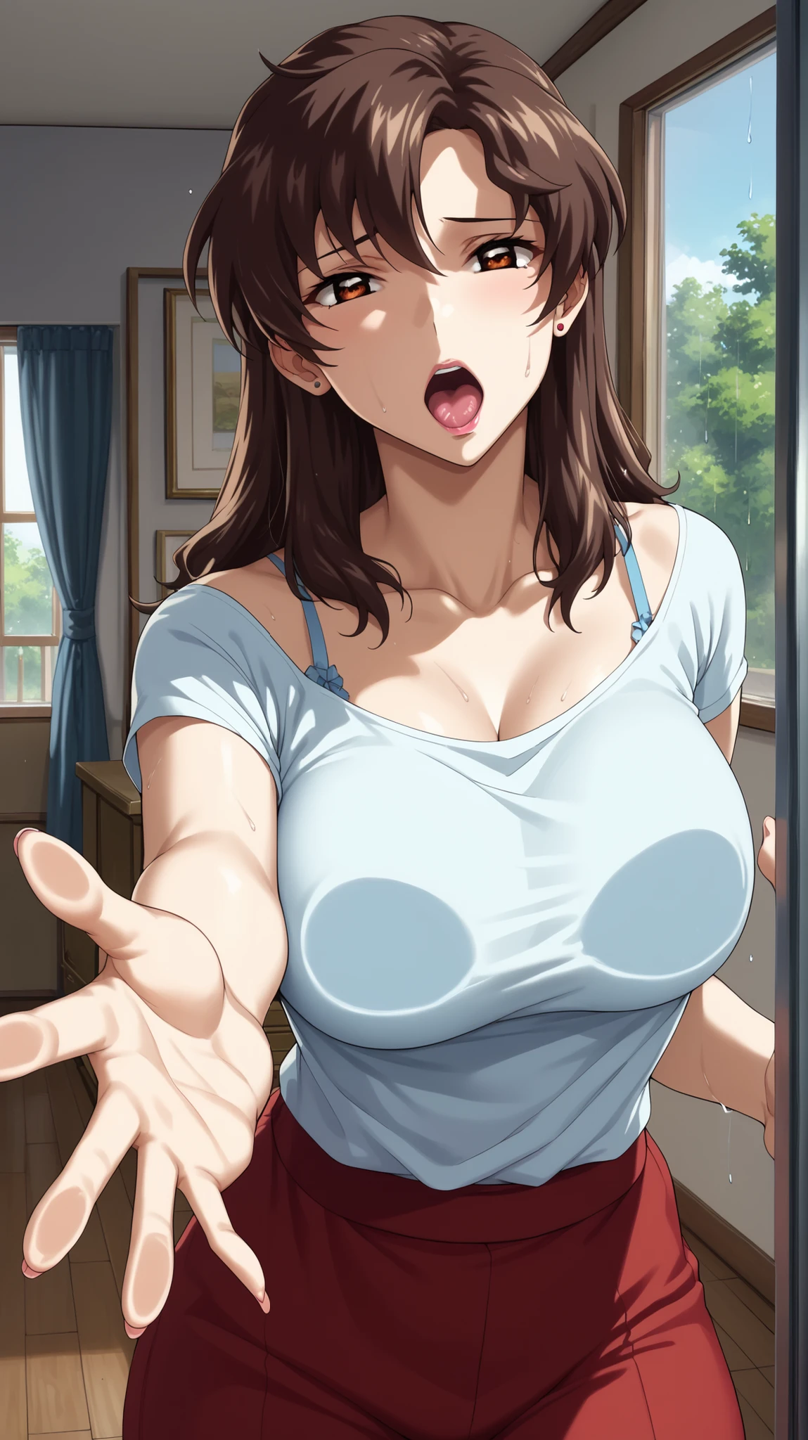 Score_9, Score_8_up, Score_7_up, Score_6_up, Score_5_up, Score_4_up, Source_anime, Tag1, Tag2, Quality_masterpiece, Anatomically correct, Beautiful face, Perfect face, Highly detailed beautiful face and eyes, Attractive face, Detailed face, Delicate facial features, Detailed skin, Large breasts : 1.7, Wide hips, Gargantuan butt, Thick thighs, Sensual woman, Mature female, Milf, Motherly, Seductive, Murrue_Ramius's/Boruto, Long hair, brown hair, Hair between eyes, Flipped hair, Brown eyes, Fair-skinned female, Frown, Ahegao Expression, Open mouth BREAK POV, Pointing, Outstretched arm, Modern Glass Apartment, Wearing Camisole, Wet Camisole, Showcasing Hyper Cleavage: 1.6, Rainy Window pressing her chest against glass Glass frosted by rain and dew High Quality, Super high resolution, high resolution illustration, masterpiece, very well detailed, gold, high resolution, Japanese