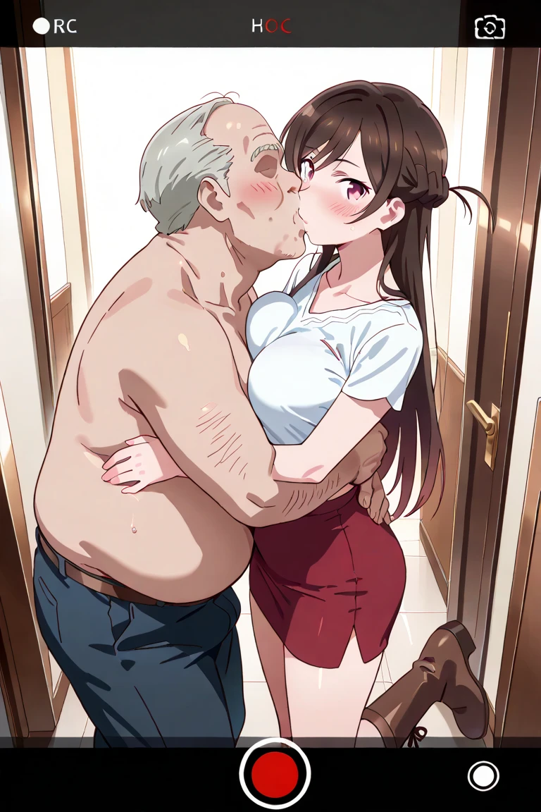 (nsfw:1.2),((One girl, 1 Elderly)), (Skirt flip:1.4), ((Old man grabs woman&#39;s waist)), The old man laughs evilly, Huge breasts:1.7, Anime cel painting style, Highest quality, High resolution, Huge breasts:1.8, good, High leg panties,blue eyes, Purple Hair, bangs, Side Ponytail, hair ornaments, Embarrassing, fear, blush, View Viewer, whole body、(((Completely naked:1.8)))、He is moving his hands violently to his crotch