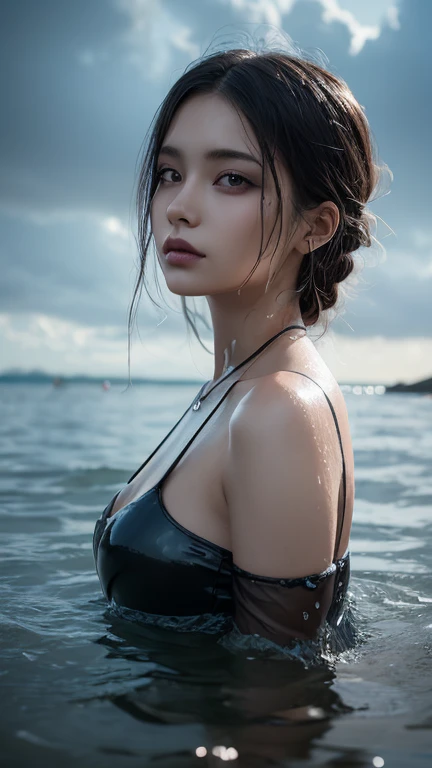masterpiece、1 beautiful girl、 (reality: 1.4), Japanese、asian beauty、super beautiful、beautiful skin、thin、(upper body)、(超reality的な)、(High resolution)、(8K)、(very detailed)、(beautiful detailed eyes)、(Super detailed)、big eyes、brown eyes、long eyelashes、detailed face、gloss lip,bright lighting、professional lighting、looking at the camera、serious expression、look straight ahead、long hair、brown hair、sea landscape、Nogizaka Idol、actress、20-year-old、big breasts、big breasts、wet skin、blue latex suit、cleavage cutout、baby face、Moisturized and realistic skin texture、moist lips、natural shadows、(arms up),nsfw,sexy pose、from above,