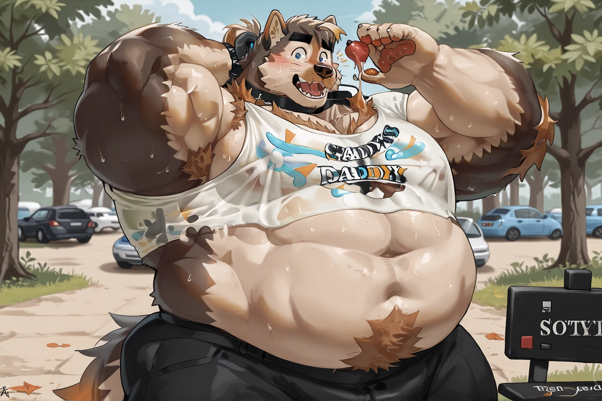 masterpiece, best quality, newest, absurdres, highres, highly detailed, cinematic, male, furry, anthro, wolf, bara, big body, big muscles, old, mature, daddy, hefty, beard, grey fur, fluffy fur, blue eyes, blushing, surprised, small man feeding bigg man, embarrased, looking at viewer, white tank top, excessive body hair, sweaty belly, fat, steam, right hand behind head, male, twink, slim body, wolf, t-shirt, feeding, weight gain fetish, overweight fetish, big belly fetish, feeding fetish, obesity worship, belly worship, park, trees,hyper muscle,huge muscle,higi resolution,high quality,