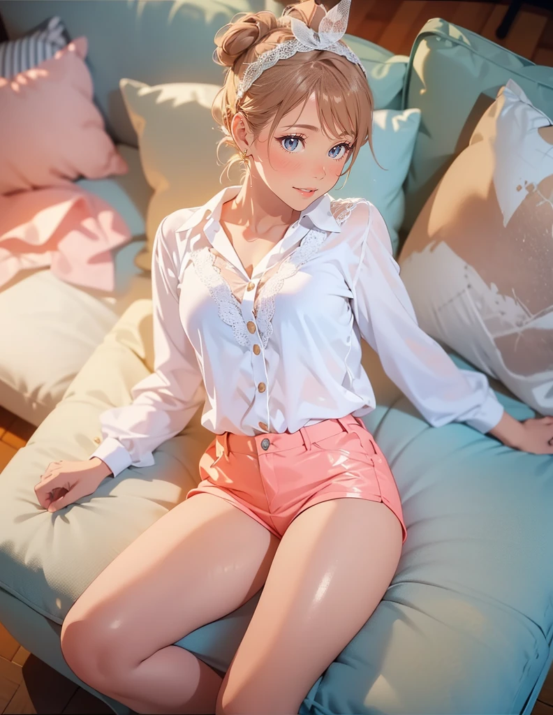 photorealisim、top-quality、超A high resolution、Japanese high school  girl、Super beauty、Detailed Focus:1.3、School uniform、18year old、at bedroom、Girl sitting on bed with crotch open、spreads both leg、Low position shooting、Bend your knees and open your legs:1.5、M-shaped legs、Hands behind your back、((Show panties:1.5))、Disheveled clothes、sexy look at the camera、pantie shot、((blondehair:1.2))、((Pink Panties:1.2))、Close-up in panties:1.4、Light blue shirt、Dark blue tartan plaid pleated skirt、Dark blue socks、Detailed cute and beautiful face、(pureerosface_v1:0.008)、eye liner、red blush、embarrassed from、glares、 shiny lips: 1.4,  impatience、Frightened、glares、Panty appeal、red blush、is crying、Crying、Dressing、Anatomically accurate、perfect arms、perfect hand、Perfect fingers、perfect leg、