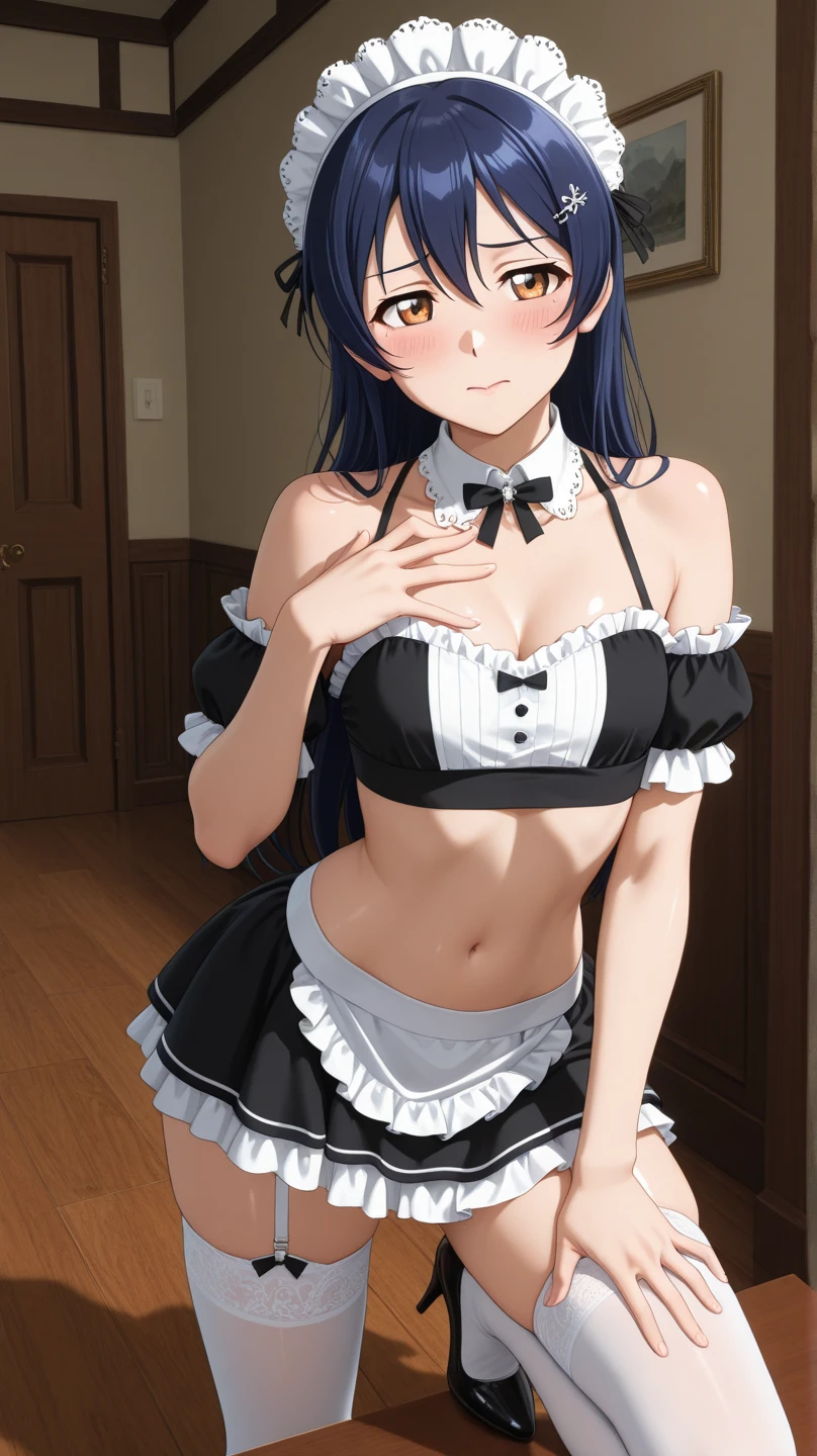 censored,score_9, score_8_up, score_7_up,source_anime, high res image,masterpiece,best quality,girl,cute face,clear skin,shiny hair,ultra detailed eyes,simple background , <lora:maid bikini_pony_V1.0:1> maid bikini, white bikini, maid headdress, detached collar, thighhighs,ribbon,arm garter,leg garter,wrist cuffs,tray