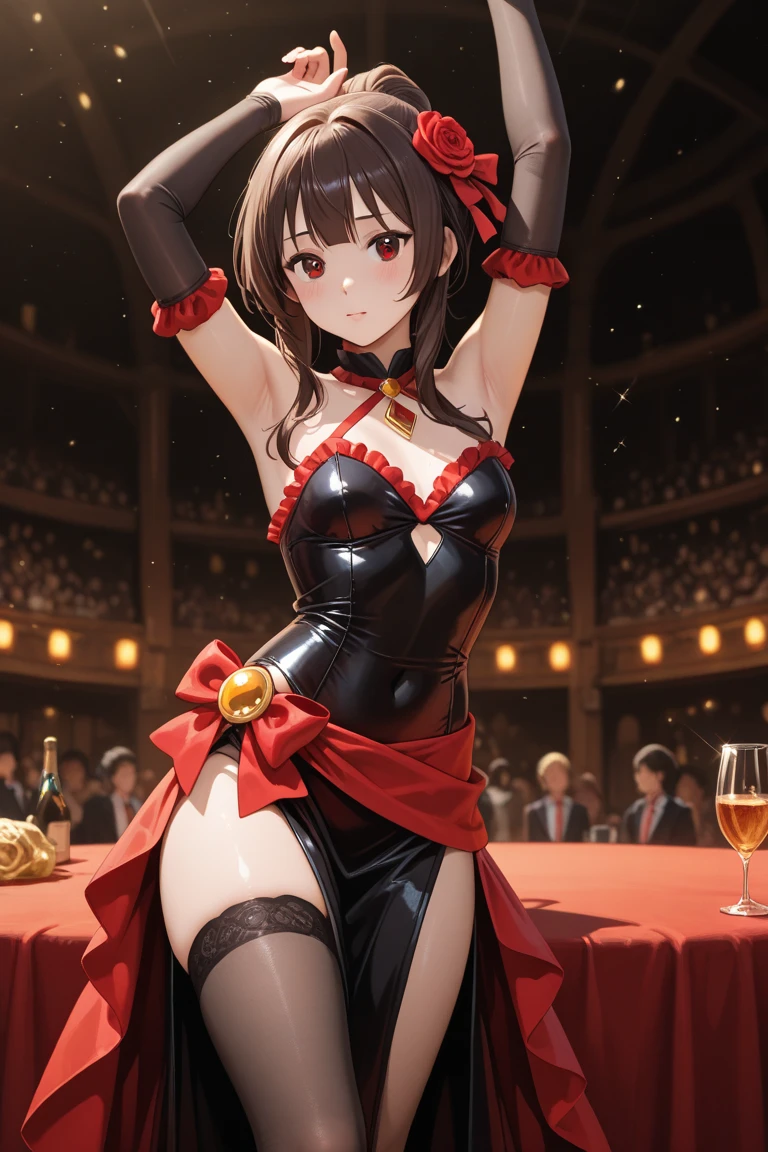 Score_9, Score_8_up, Score_7_up, source_anime BREAK photo of cowboy, looking at viewer, alone, 1girl, kurumitokisaki, kurumi tokisaki, black hair, red eyes, long hair, two stories, yellow eyes, heterochromia, smile, point of view, front, playboy bunny, fake animal ears, red leotard, black pantyhose, black gloves, elbow length gloves, detached collar,
large breasts, sagging skin, blushing, light smile, shy, adjusting clothes,
Inside, casino, stage, spotlight,