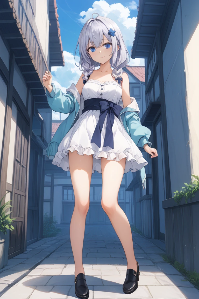 Beautiful illustration、top-quality、cute petit girl、(transform sequence)、white japanese maid uniform、((Blue leotard))、10yaers old、elementary student、Slender beautiful girl、Fractal Art、baby-face、((stright long hair))、beatiful detailed eyes、A smile、Full Body Display、Western-style garden、（1 persons）、long-sleeve、landscaped gardens、（knee high socks）、is standing、（highleg）、