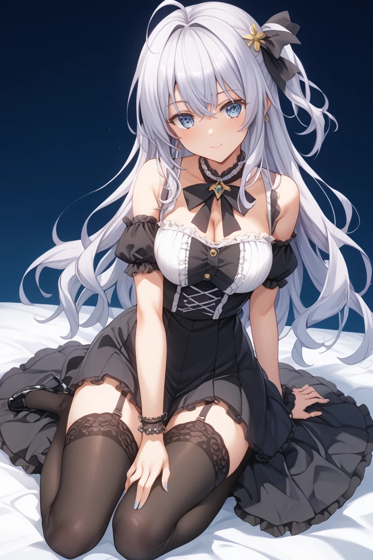 NSFW,cross one's legs,(Best Quality,4K,8K,hight resolution,masutepiece:1.2),Ultra-detailed,Beautiful Girl,Enchanted,Enchanting,cheerfulness,divine,magical effect,silver white hair,e Blue Eyes,pale pink wedding dresses,Bride's crown,small amount of sky blue cloth,Sophisticated clothing,detailed lace,Delicate frills,Bedroom,solo person,during night,lacepantyhose,sacred stripes,Transparent costume,jewel decorations