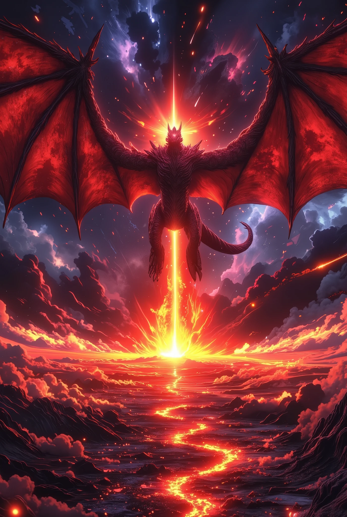 a huge red dragon with massive wings spread wide, towering over a volcanic landscape with erupting volcanos, burning ground, and swirling sparks in the air, rainbow particles,8K, highly detailed, cinematic, dramatic lighting, epic fantasy scene, digital art, artstation, concept art, unreal engine, octane render, hyper-detailed, masterpiece, photorealistic