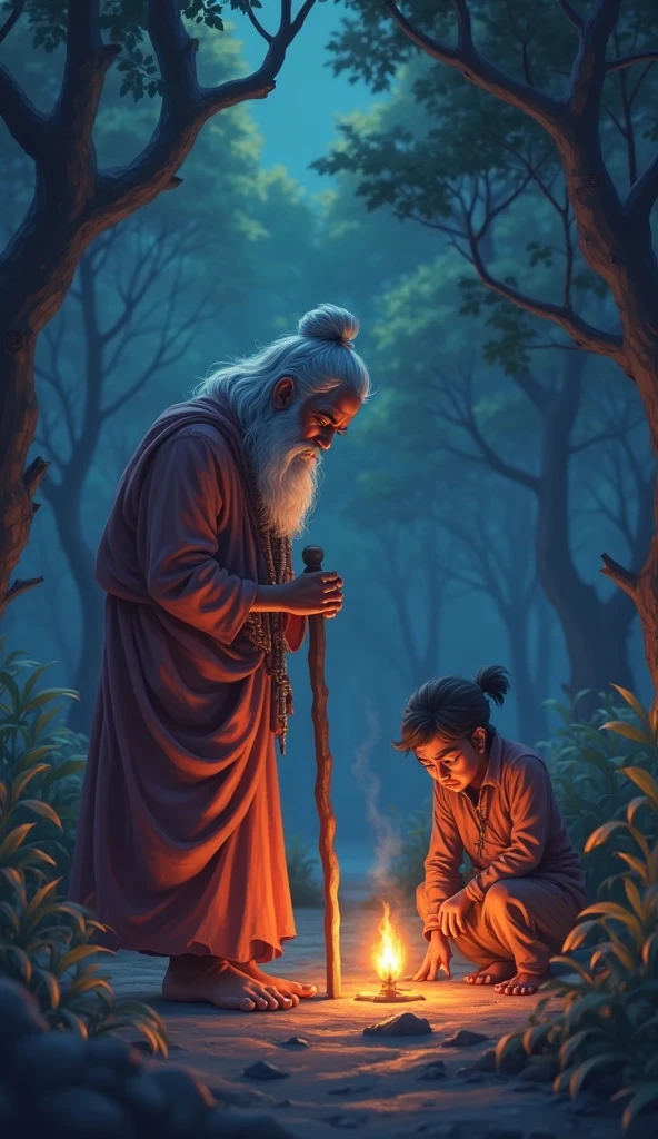 Create an image to illustrate a tale called: A Journey of Stones: Discovering Inner Value. Once upon a time there was a young explorer who wandered the unknown lands in search of hidden treasures. On his journey, he came across a wise old man, known for his inspiring stories. Curious, the explorer approached and asked the sage, "Master, what is the greatest treasure I can find in my life?" The sage smiled and replied cryptically, "Go to the nearby forest and find a stone of significant size. Take it with you and follow the instructions I will give. Only in this way will you discover the true value of your journey." Please bring to life this enchanting scene of discovery and wisdom and ensuring that all the protagonists of the story appear in the image and an oriental Zen touch in the overall aesthetic.