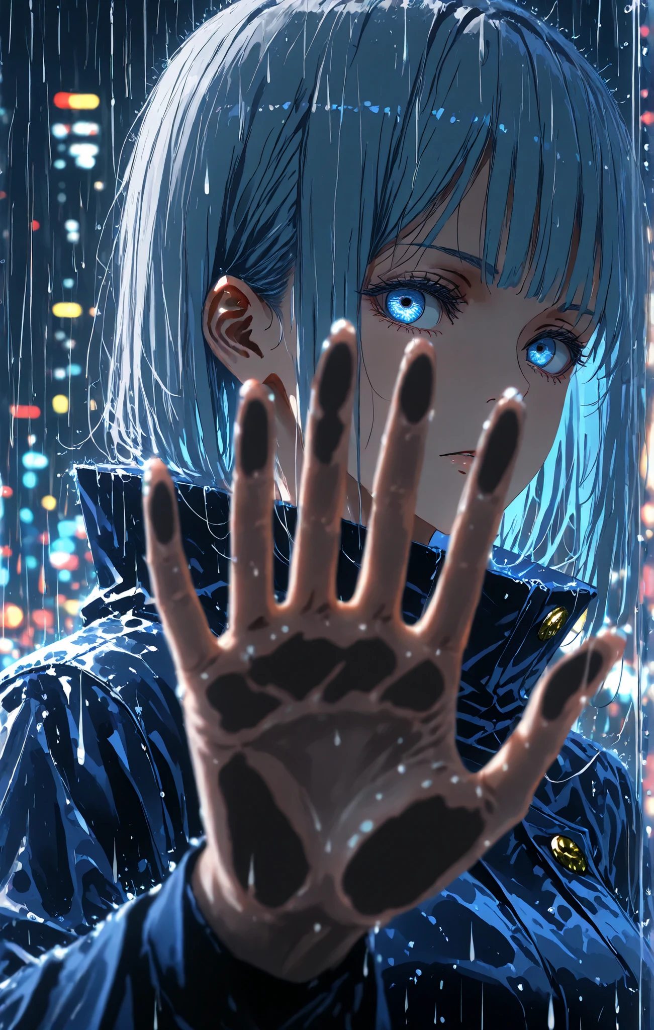 dark background, scenery, looking at viewer through glass, 1 boy, gojo satoru-jujutsu kaisen, blue eye, pressing hand on glass, upper body, blurred background, depth of field, sharp shadow, anime coloring, rain on glass, [wlop:0.05, mika pikazo:1.2]