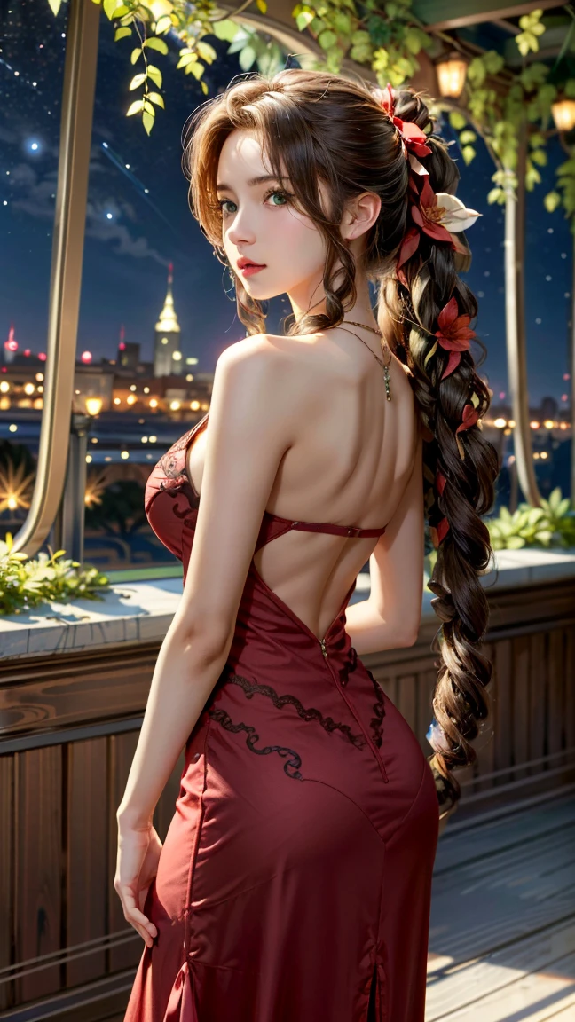 masterpiece, best quality, aerith gainsborough, very long hair, hair ribbons, hair flowers, strapless red dress, looking at viewer, cowboy shot, nighttime, waterfront, neon signs ,  <lora:aerith-nvwls-v1:0.9>