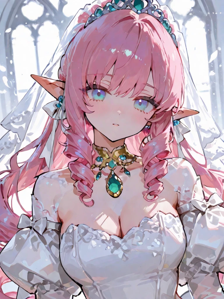 1girl, pink long hair, straight hair, large breasts, (epic), (elegant), ((detailed)), ((best quality)), ((masterpiece, sidelighting, finely detailed beautiful eyes: 1.2)), extremely_detailed_wallpaper, highres, ((lace)), beautiful detailed glow, masterpiece*portrait, 3d face, lustrous skin, upper body, realistic, perfect face, elf ears, pink eyes, young adult, aged 24